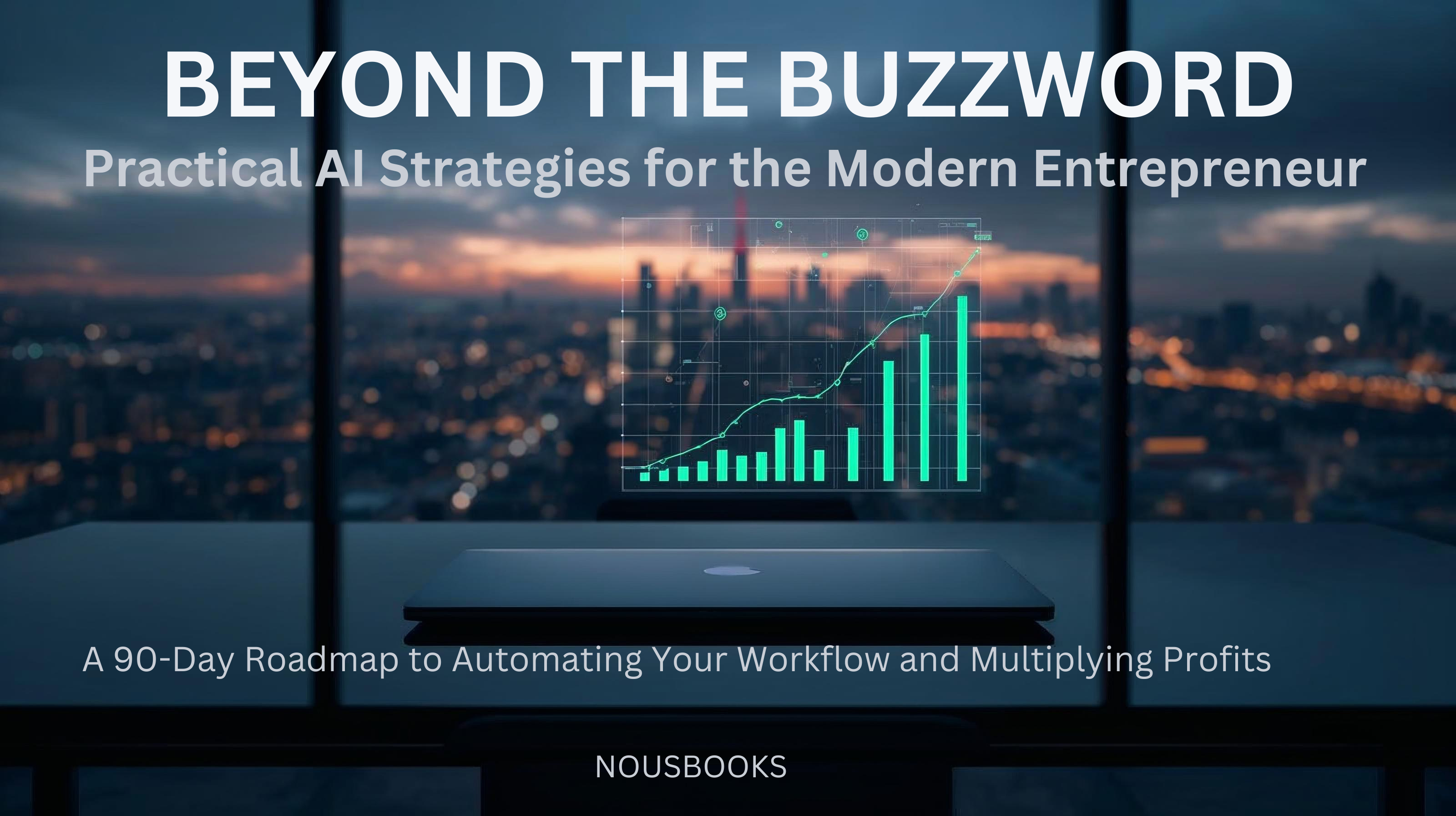 Laptop with AI graph on a cityscape background, book titled 'Beyond the Buzzword' by NOUSBOOKS.