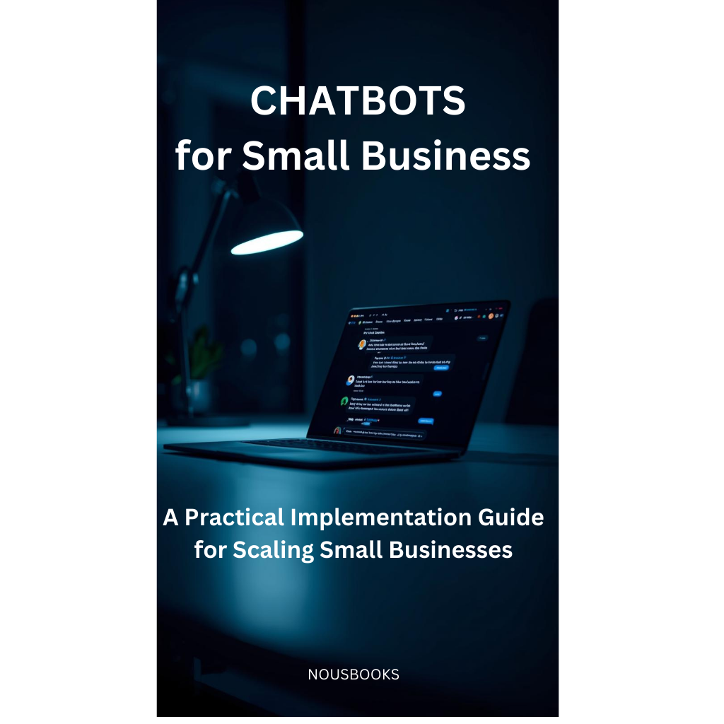 Book cover of 'Chatbots for Small Business' with a laptop and lamp in a dark room setting.
